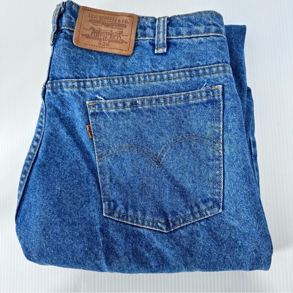 Levi’s 634 Women’s 36x28.5 Jeans Orange‎ Tab Vtg High Rise Leather 2 Horse Patch